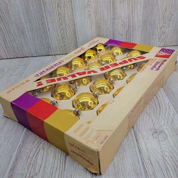 Vintage Gold Woolworth Woolco Glass Ornaments Bulbs 24 original box USA 2.25"‎ - Picture 3 of 11